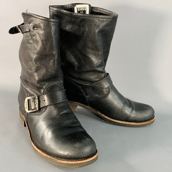 FRYE Size 10 Black Leather Calf High Pull On Belted Boots - Picture 1 of 9